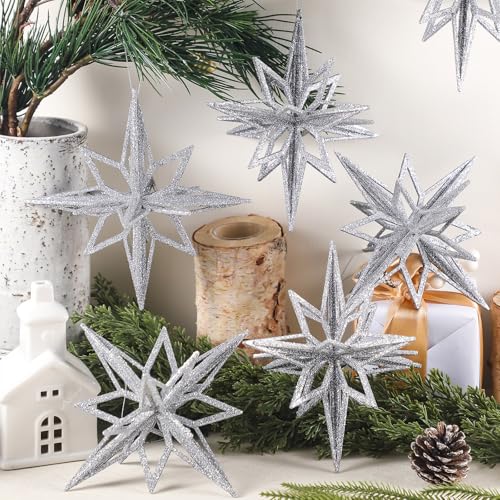 Silver Christmas Bethlehem Star Ornaments - 6 Pack, 7.5 Inches, Holiday Decor
