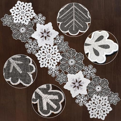 Snowflake Embroidered Table Runner - Gray Silver Winter Holiday Decor 14x34 inches