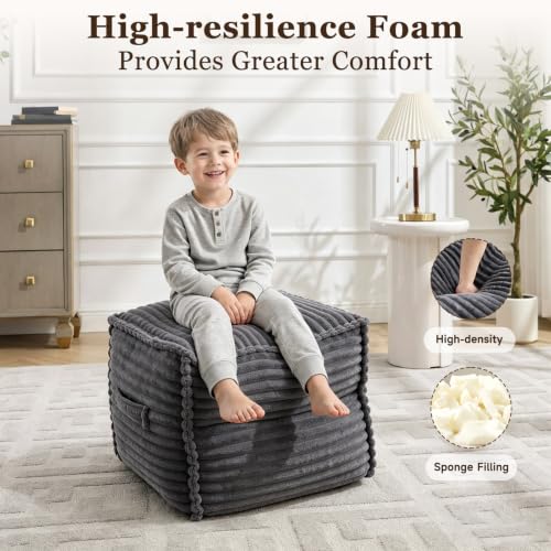 Dark Gray Square Stuffed Pouf Ottoman with Foam Filling - 23"D x 22"W x 16"H