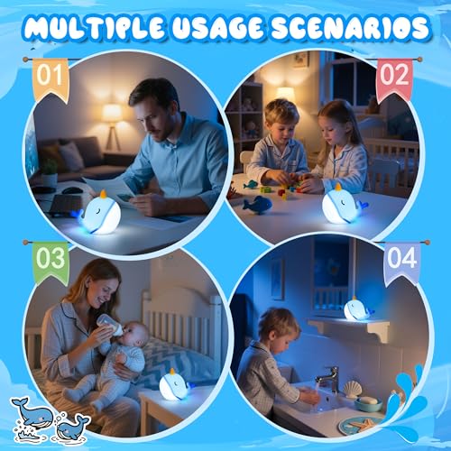 Ammonite Blue Narwhal Night Light - Style B Soft Silicone Nursery Lamp with Dimming & Timer