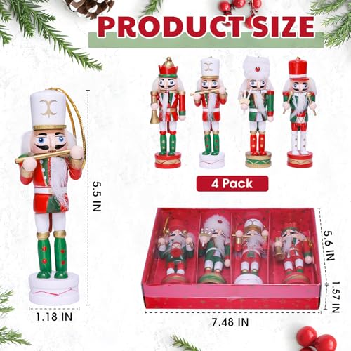 4PCS Christmas Nutcracker Decorations Set - 5.5 Inch Wooden Soldier Ornaments with Variation Red Green White