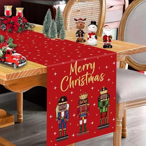 Christmas Table Runner Red Burlap Nutcracker Stars 13x36 Inch Seasonal Decor