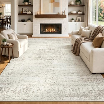 8x10 Beige Cream Washable Area Rug - Neutral Medallion Design, Non-Slip Backing