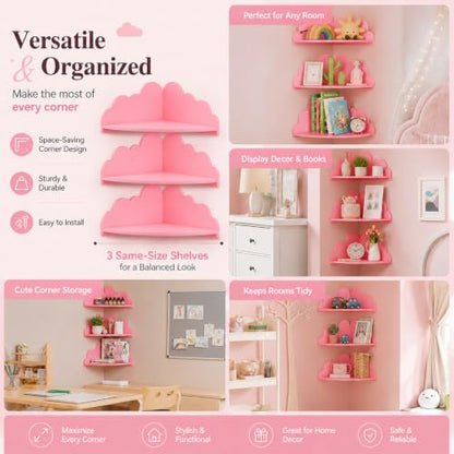 Pink Cloud Corner Floating Shelves Set of 3 Wall Mounted Corner Shelves
