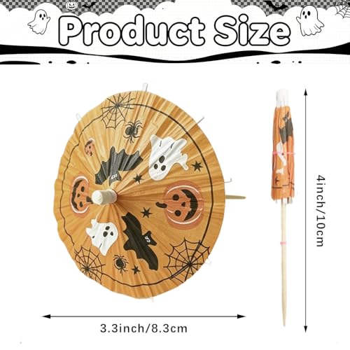 Halloween Cocktail Umbrella Picks with Pumpkin Ghost Bat Design - 50 Pcs