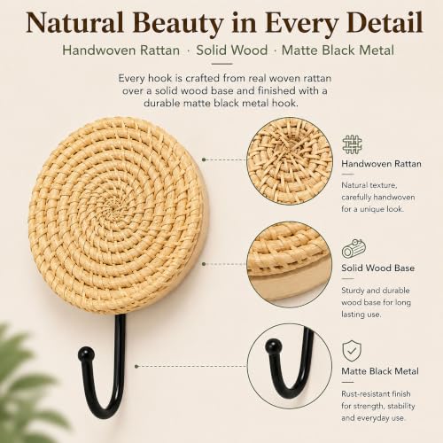 Large Woven Rattan Wall Hooks Set - Boho Coat & Hat Hangers, 2 Pack