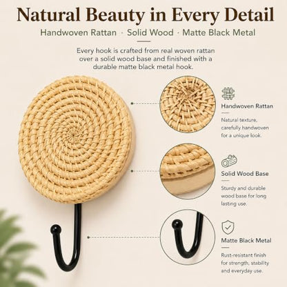 Large Woven Rattan Wall Hooks Set - Boho Coat & Hat Hangers, 2 Pack