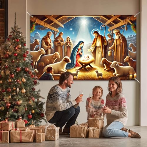 Christmas Nativity Scene Banner Holy Family Jesus Manger Wall Decor 71 x 43 Inches