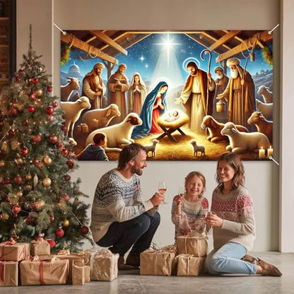 Christmas Nativity Scene Banner Holy Family Jesus Manger Wall Decor 71 x 43 Inches