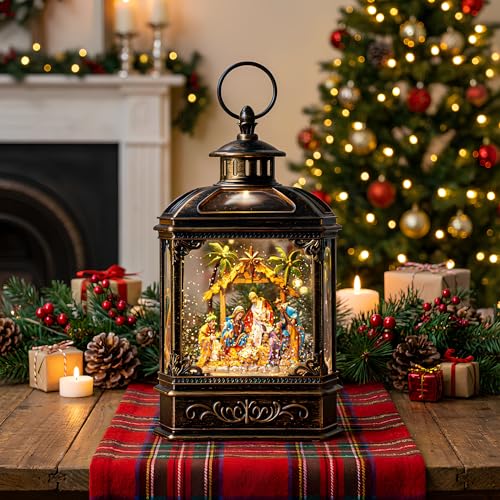 10.1-Inch Nativity Snow Globe Lantern with Music & Swirling Glitter - Christmas Decoration Gift