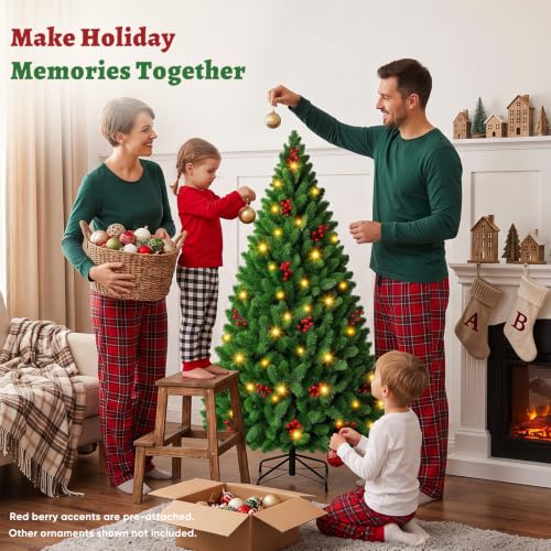 4.5 Ft Pre-Lit Artificial Christmas Tree with 120 LED Lights and Red Berries
