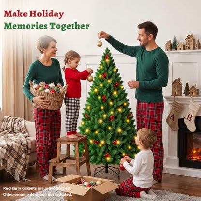 4.5 Ft Pre-Lit Artificial Christmas Tree with 120 LED Lights and Red Berries