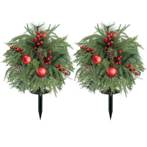 Artificial Christmas Topiary Ball Trees 23 Inch Set of 2 with Red Ornament - Outdoor Decor