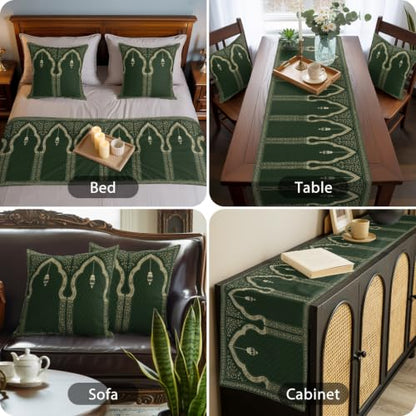 83x20 Inch Forest Green Bed Runner & Pillow Cover Set for Queen Size Bed, Boho Ethnic Decor