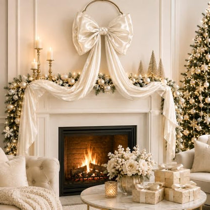 JOICEE Large Champagne Glitter Satin Christmas Tree Topper Bow 20x59 Inch - Variation of Champagne
