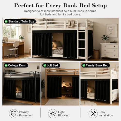 Black Bunk Bed Curtains Blackout Privacy Canopy Drapes - Black, 2 Panels