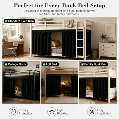 Black Bunk Bed Curtains Blackout Privacy Canopy Drapes - Black, 2 Panels