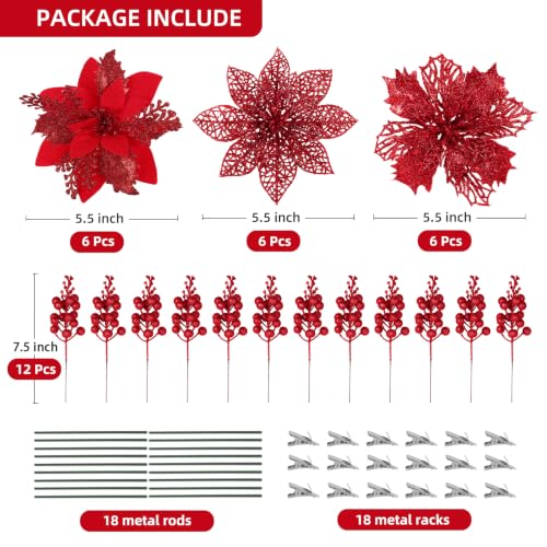 Artificial Red Christmas Poinsettia Flowers & Berry Picks - Holiday Decor, 66 pcs