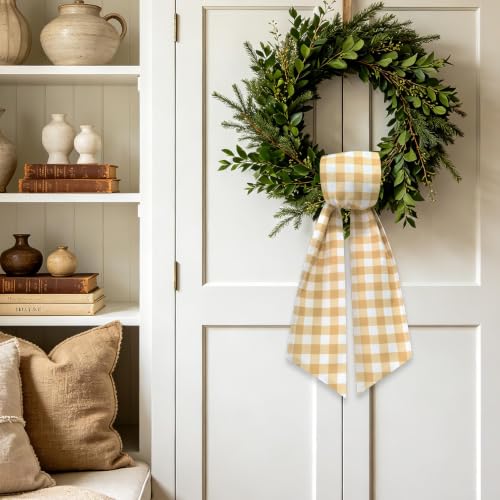 Khaki and White Gingham Wreath Sash for Front Door - 55.5" x 5.1" - Versatile Seasonal Decor