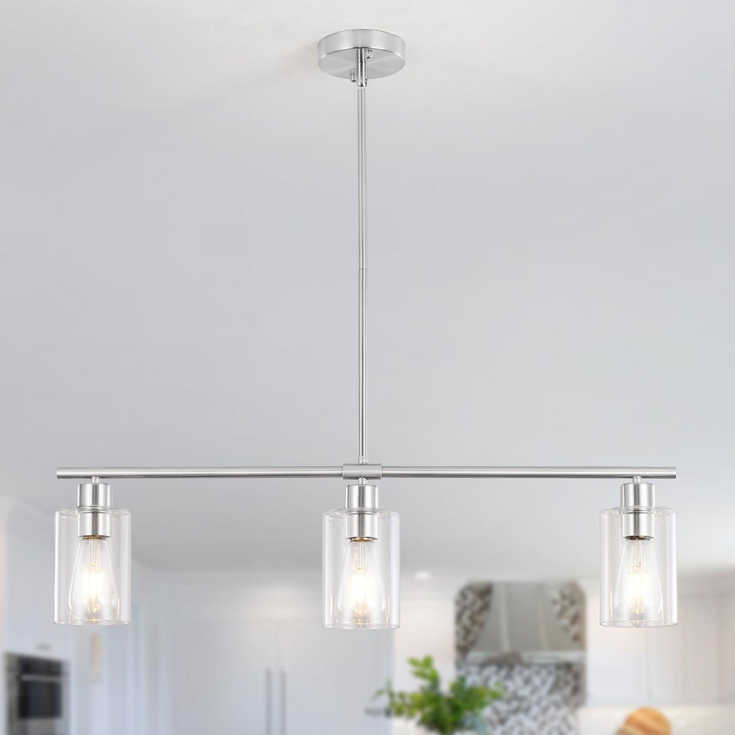 LJHhowe 3 Light Kitchen Island Lighting Brushed Nickel Pendant Light Fixtures for Dining Room Chandeliers Industrial Farmhouse Chandelier Ceiling Hanging with Glass Shades Bar Table Foyer Entryway