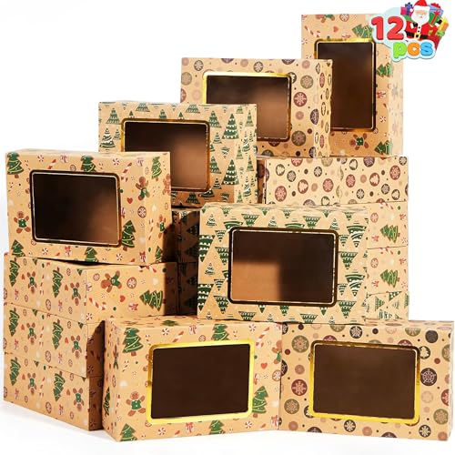 12-Pack Foiled Christmas Cookie Boxes with Windows - Holiday Bakery Treat Containers