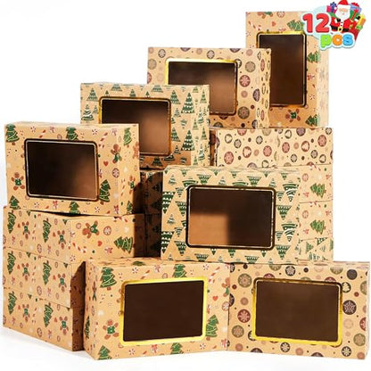 12-Pack Foiled Christmas Cookie Boxes with Windows - Holiday Bakery Treat Containers