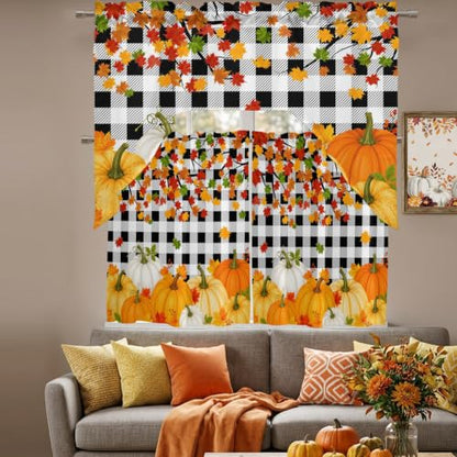 Black Orange Fall Pumpkins Window Curtains Set 3 Pieces - 27.5W x 36L