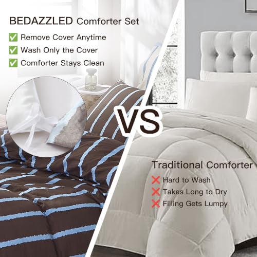 BEDAZZLED Queen Comforter Set with Removable Duvet Cover - Wide Stripes Brown Blue