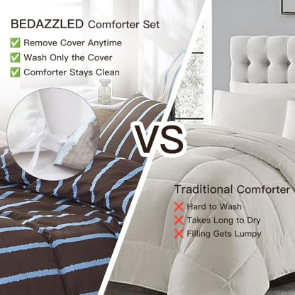 BEDAZZLED Queen Comforter Set with Removable Duvet Cover - Wide Stripes Brown Blue