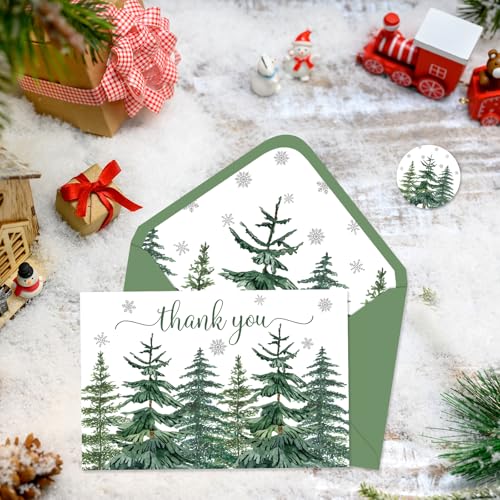 Christmas Thank You Cards Set with Envelopes & Stickers - Watercolor Pine Forest, 4x6 Inches