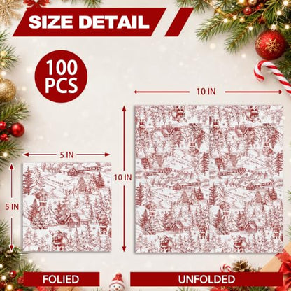 Christmas Santa Disposable Paper Napkins 100 Pack - Red Toile Winter Village Design, 2-Ply Absorbent Holiday Tableware