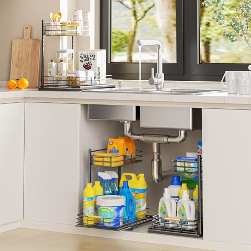 Delamu 1Pack Under Sink Organizer, Adjustable Height Under Sink Organizers and Storage, Metal Under Kitchen Sink Organizer, Under Sink Storage for Bathroom Cabinet, Undersink Organizers Kitchen, Black