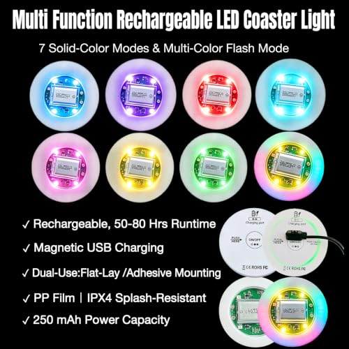 Rechargeable LED Coaster Light for Drinkware, Multi-Color, 50-80H Runtime