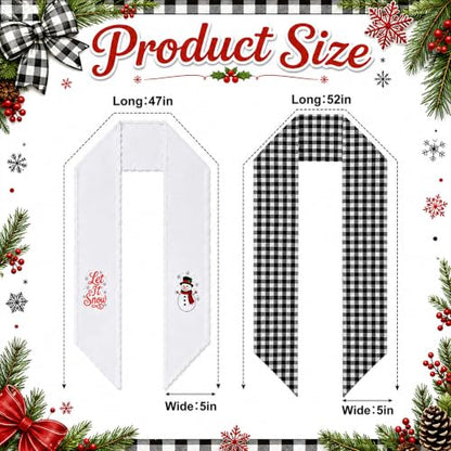 Christmas Wreath Sash Set - Black White Plaid & Embroidered Snowmen, Rustic Holiday Decor - Black White Plaid / 1 Set