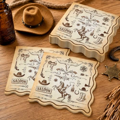 Western Cowboy Cocktail Paper Napkins with Scalloped Edges - 50 Pack