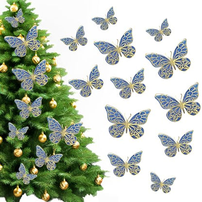 Large Butterfly Christmas Ornaments - Blue & Gold 3D Wall Decor for Holiday & Events