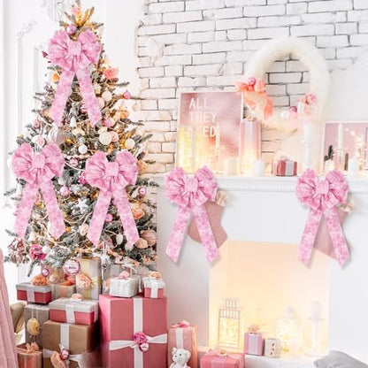 Pink Velvet Christmas Bow Set - Wired Snowflake Holiday Decorations, 6 Pcs