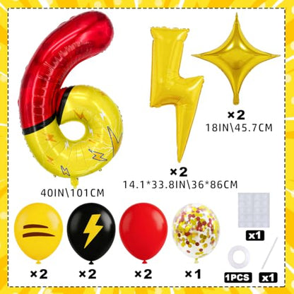 Lightning Theme 40 Inch Digit Foil Balloon Set - Red Yellow Black Party Decorations with Star & Lightning Balloons, Indoor Outdoor Celebration Supplies (Variation 6)