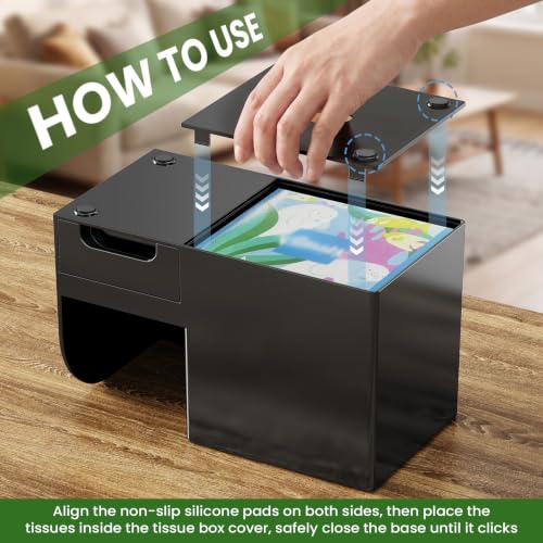 Black Plastic Square Tissue Box Cover with Remote Holder & Storage - Multi-Functional
