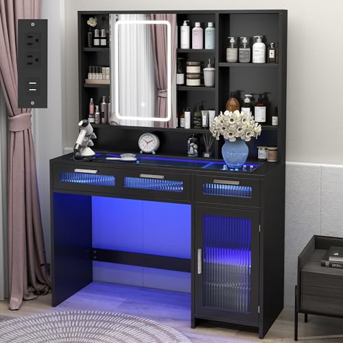 Hadulcet 43" Black Vanity Desk with Sliding Mirror, Lights, Power Outlets, 2 Drawers, 10 Shelves