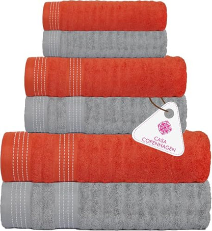 Bathroom Towel Gift Set - 6pcs 550GSM Orange Grey Violet - CASA COPENHAGEN