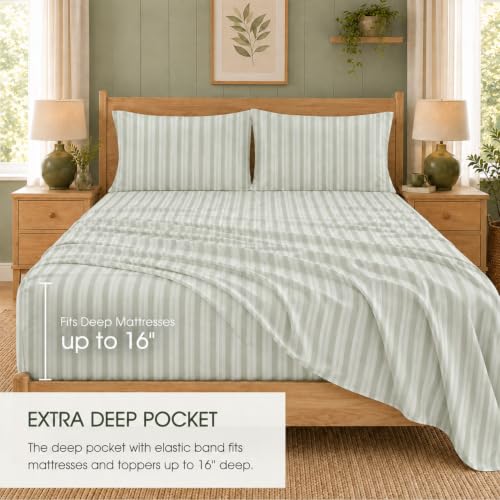 Ivellow Sage Green Striped King Bed Sheets - 4pc Ticking Bedding Set