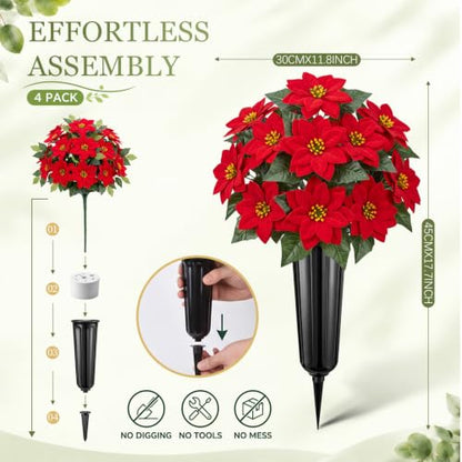 Artificial Christmas Poinsettia Cemetery Flowers Set with Vases - Red, 4 Pack