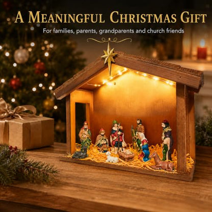 Lighted Wooden Nativity Set with Resin Figures - 11 Piece Christmas Decoration