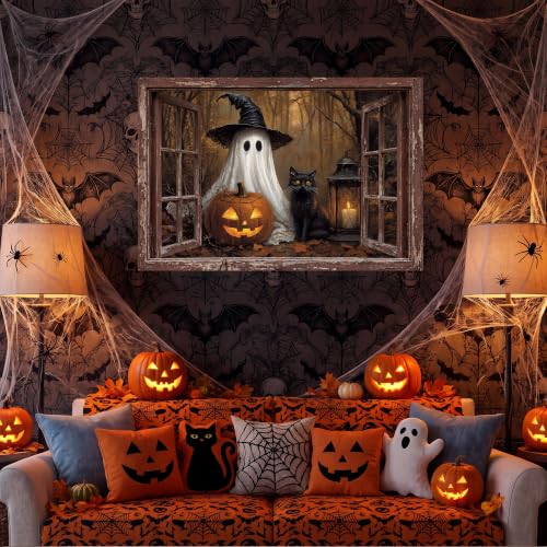 Halloween Oil Painting Canvas Wall Art 48 x 32 in - Classic Haunted Scene with Gilded Frame - Spooky Home Decor