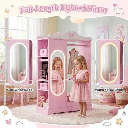 Kids Lighted Mirror Armoire - Pink Dress-Up Closet with Jewelry Storage