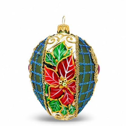 Olive Green Faberge Egg Hand Blown Glass Christmas Ornament 5 Inch