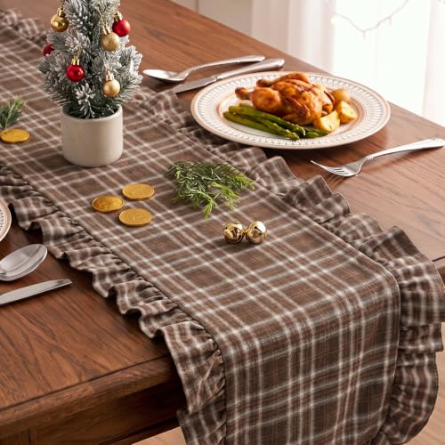 Fall Brown Gingham Table Runner Brown White Plaid Ruffle - 14x72 Inches, Cotton, Elegant Home Decor