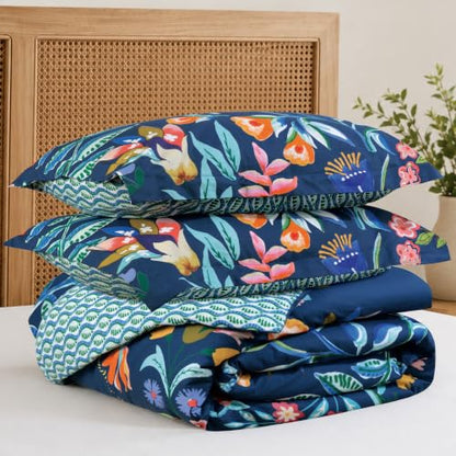 Navy Duvet Cover Set - King Botanical Floral Bird Design, Reversible Cotton