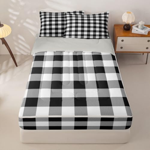 Buffalo Plaid Zipper Bedding Set Twin - Black and White, Includes Comforter and Sheets